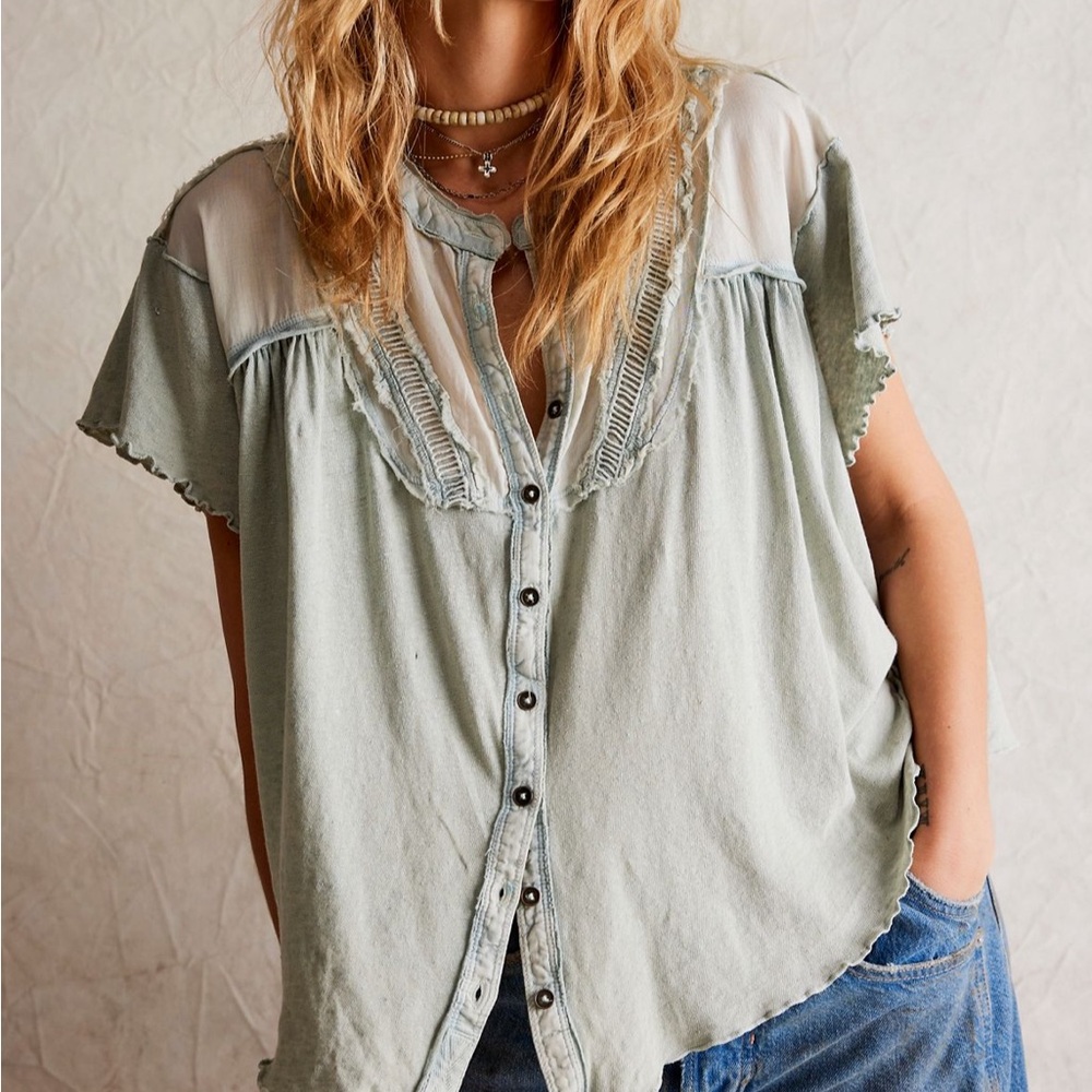 Free People Sage Green Button-Front Peasant Top